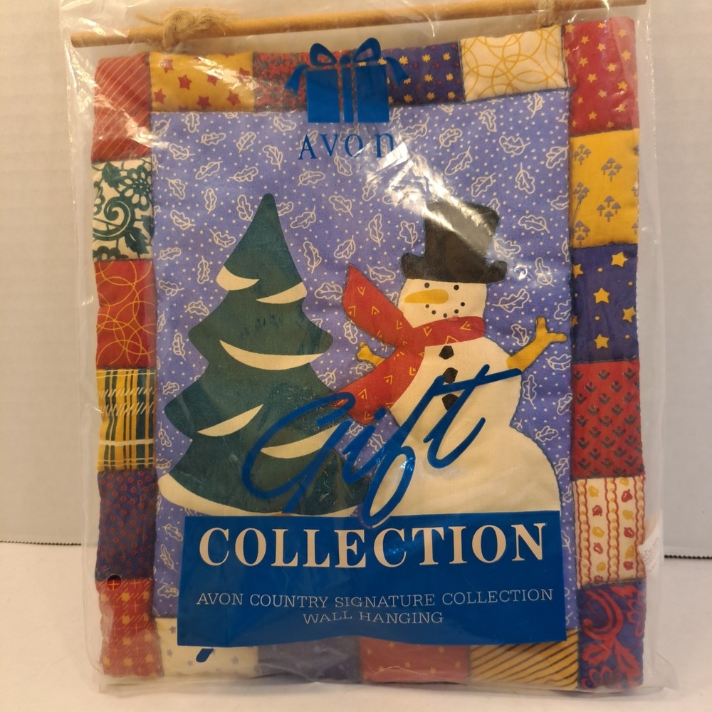 Avon Fabric Wall Hanging w/ Wooden Dowel Rod, Patchwork Heart & Goose, Snowman
